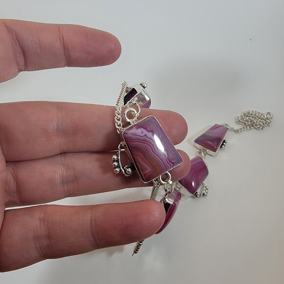 Handmade Purple Agate Necklace with Sterling Silver Artisan Geometric Jewelry - Picture 8 of 10